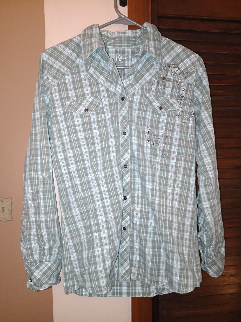 Wrangler Rock 47 Sage Green Plaid Pearl Snap Western Shirt Blouse - Women's S